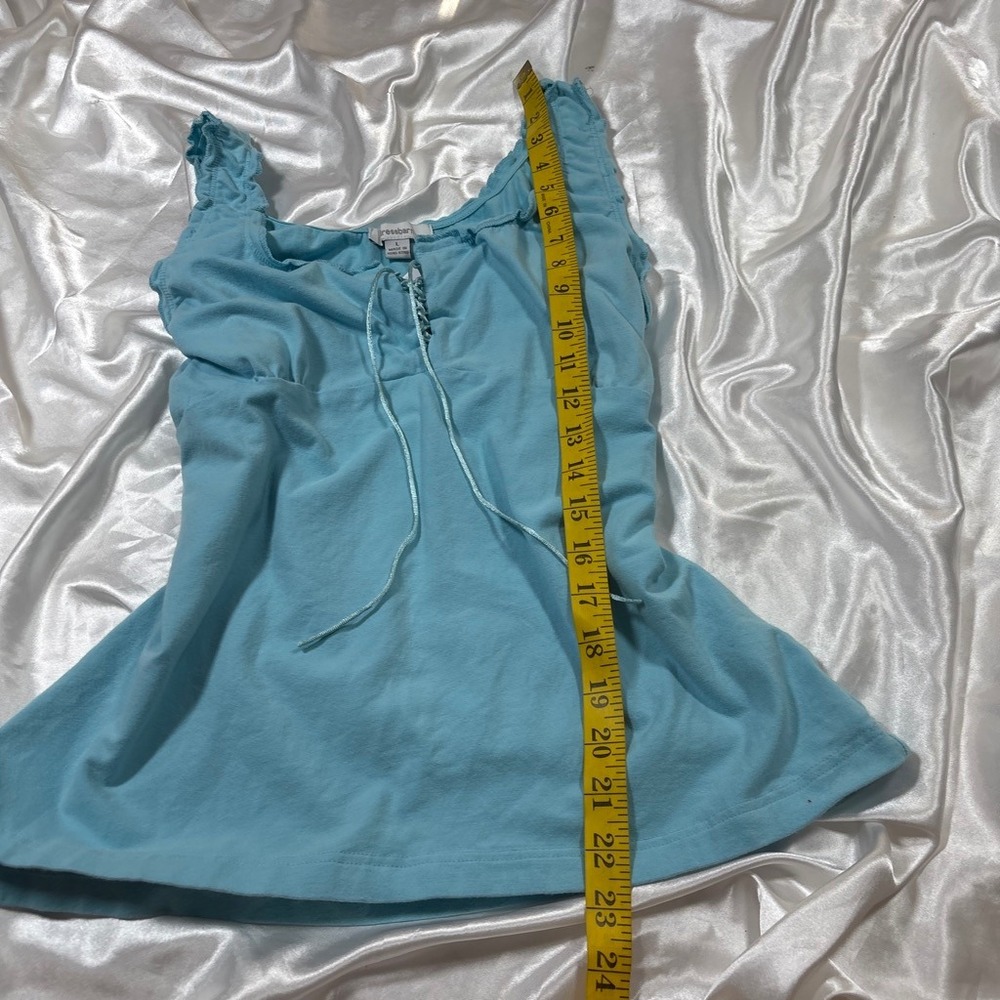 y2k Tank Top Blue Dressbarn Lace Up Lettuce Trim Ribbed Strap Top - Picture 3 of 4
